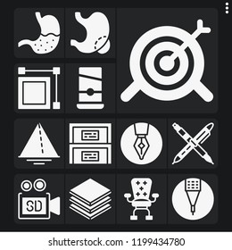 Set of 13 flat filled icons such as guillotine, target, stomach, video camera, pencil, layers, , triangle, cabinet, pen