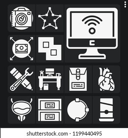 Set of 13 flat filled icons such as guillotine, heart, bladder, photo camera, wifi, , money, cabinet, dossier, desk, merge