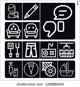 Set of 13 flat outline icons such as pencil, conveyor, feedback, carrycot, armchair, trousers, syringe, bobbin, spatula, gamepad