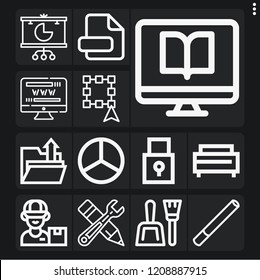 Set of 13 flat outline icons such as pie chart, select, tools, postman, dustpan, cigarette, file, computer, upload, padlock, double bed