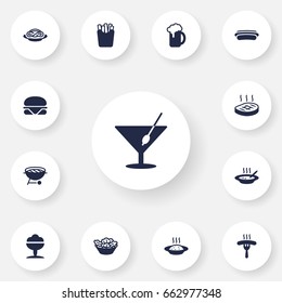 Set Of 13 Food Icons Set.Collection Of Frankfurter, Spaghetti, Sausage And Other Elements.