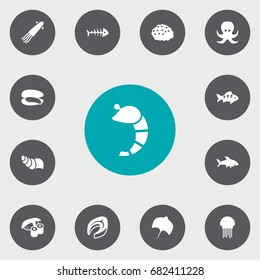 Set Of 13 Food Icons Set.Collection Of Roe, Medusa, Shark And Other Elements.