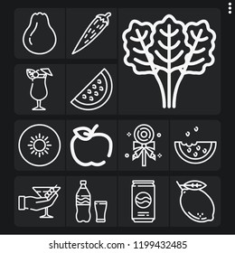 Set of 13 food outline icons such as martini, soda, eco food, mai thai, lollipop, spinach, watermelon, kiwi, chili pepper, pear