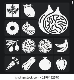 Set of 13 fresh filled icons such as bananas, pizza, dill, fig, lychee, olive, bell pepper, butternut squash, carrot, pomegranate, pineapple