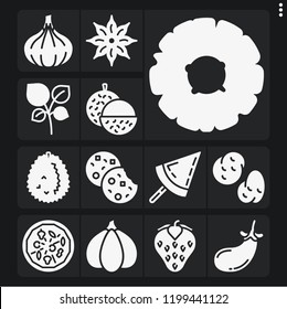 Set of 13 fresh filled icons such as oregano, durian, lychee, garlic, strawberry, anise, pizza, popsicle, cookies, potatoes, shallot, eggplant