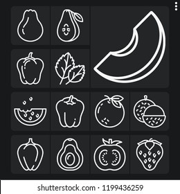 Set of 13 freshness outline icons such as avocado, melon, watermelon, lychee, basil, pear, orange, bell pepper, strawberry
