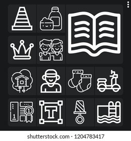 Set of 13 fun outline icons such as hat, lollipop, cone, scooter, type, boyfriend, socks, best, swimming pool, read, cream, tree house