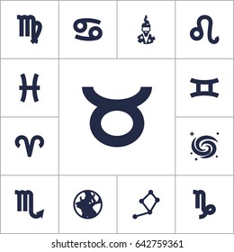 Set Of 13 Galaxy Icons Set.Collection Of Lion, Ram, Earth Planet And Other Elements.