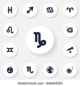 Set Of 13 Galaxy Icons Set.Collection Of Fishes, Crab, Archer And Other Elements.