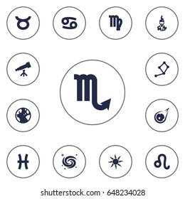 Set Of 13 Galaxy Icons Set.Collection Of Virgin, Fishes, Horoscope And Other Elements.