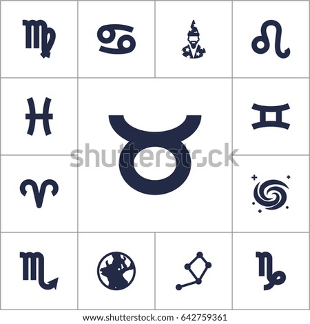 Set Of 13 Galaxy Icons Set.Collection Of Lion, Ram, Earth Planet And Other Elements.
