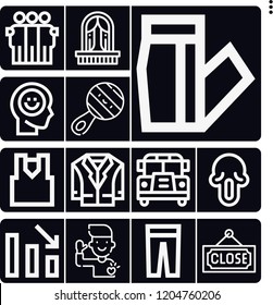 Set of 13 girl outline icons such as close, school bus, balcony, scream, happiness, jacket, loss, rattle, tank top, friendship, trousers, jeans