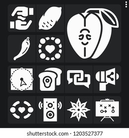Set of 13 group filled icons such as pepper, potato, apple, anise, strategy, select, friendship, chat, toast, share, group, hands