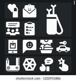 Set of 13 hand filled icons such as arrow, design tool, smartphone, soak, feedback, thumbs up, rate, survey, rating, sith