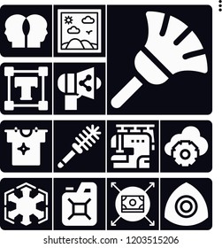 Set of 13 hand filled icons such as money, painting, clean, toilet brush, duster, sith, type, fuel, sewing machine, relationship, share, cloud computing