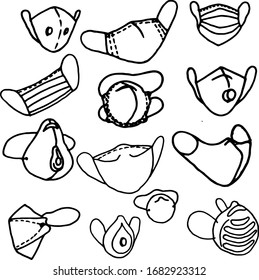 Set of 13 hand medical masks. Illustration relevant during the coronavirus covid-19 pandemic that swept the planet Vector illustration in a doodle style. Line art. EPS10.