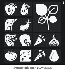 Set of 13 healthy filled icons such as pancreas, salivary glands, liver, oregano, shallot, carrot, pear, cheese, apple, tomato