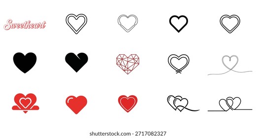 Un conjunto de 13 iconos de corazón en múltiples estilos, colores y diseños, mostrando una gama de interpretaciones artísticas
