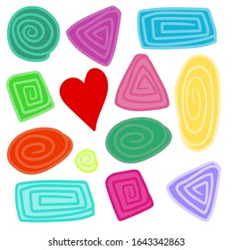 set of 13 hearts and geometric shapes. Rectangle, circle, oval, triangle in the form of labyrinths. Bright colors. Design template for price tag, flyer, print, postcard, sticker. Vector illustration