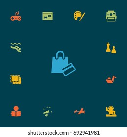 Set Of 13 Hobbie Icons Set.Collection Of Checkmate, Photo Camera, Disco And Other Elements.