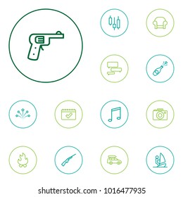 Set of 13 hobby icons line style set. Collection of trading, gun, armchair and other elements.