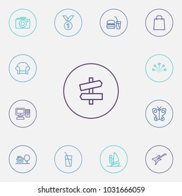 Set of 13 hobby icons line style set. Collection of armchair, trip, butterfly and other elements.