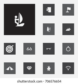 Set Of 13 Hobby Icons Set.Collection Of Bonfire, Dart, Surfing And Other Elements.