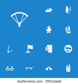 Set Of 13 Hobby Icons Set.Collection Of Peak, Bonfire, Surfing And Other Elements.