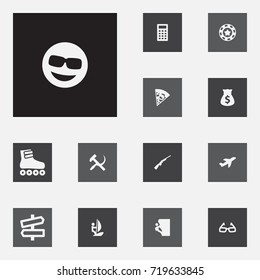 Set Of 13 Hobby Icons Set.Collection Of Roller Skates, Calculator, Money Sack And Other Elements.