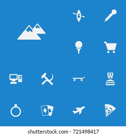 Set Of 13 Hobby Icons Set.Collection Of Skateboard, Prisoner, Sickle With Hammer And Other Elements.