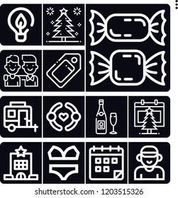 Set of 13 holiday outline icons such as champagne, lights, tag, calendar, christmas tree, candies, caravan, boyfriend, bikini, friendship