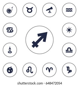 Set Of 13 Horoscope Icons Set.Collection Of Solar, Scales, Augur And Other Elements.