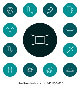 Set Of 13 Horoscope Outline Icons Set.Collection Of Aqurius, Sun, Scorpion And Other Elements.
