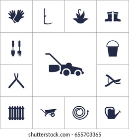 Set Of 13 Horticulture Icons Set.Collection Of Watering Can, Rubber Boots, Lawn Mower And Other Elements.