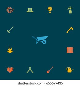 Set Of 13 Household Icons Set.Collection Of Wheelbarrow, Scissors, Rake And Other Elements.