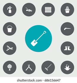 Set Of 13 Household Icons Set.Collection Of Fence, Lawn Mower, Shovel And Other Elements.