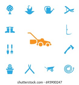 Set Of 13 Household Icons Set.Collection Of Flowerpot, Rubber Boots, Watering Can And Other Elements.