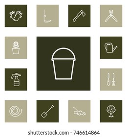 Set Of 13 Household Outline Icons Set.Collection Of Firehose, Shears, Pail And Other Elements.