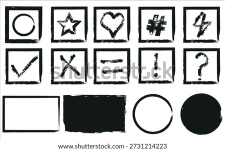 A set of 13 icons including letters, symbols, and shapes in black and white