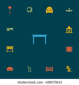 Set Of 13 Set Icons Set.Collection Of Bookcase, Worktop, Television And Other Elements.