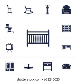 Set Of 13 Set Icons Set.Collection Of Couch, Chair, Rocking Furniture And Other Elements.