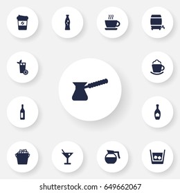Set Of 13  Icons Set.Collection Of Fizzy Water, Cup, Turkish Coffee And Other Elements.