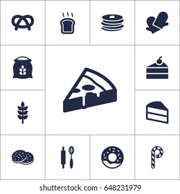 Set Of 13  Icons Set.Collection Of Sweetmeat, Slice Bread, Shortcake And Other Elements.
