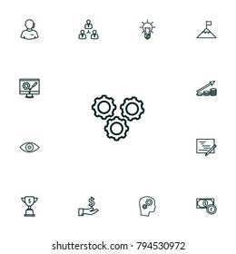 Set of 13 idea icons line style set. Collection of development, money saving, working process and other elements.