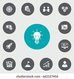 Set Of 13 Idea Icons Set.Collection Of Money Growth, Bulb, Gear And Other Elements.