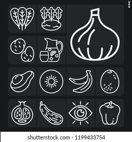 Set of 13 ingredient outline icons such as view, sangria, bananas, butternut squash, celery, spinach, bell pepper, kiwi, pomegranate, avocado, potatoes