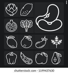 Set of 13 ingredient outline icons such as butternut squash, spinach, dill, beans, potato, artichoke, pear, bell pepper, pomegranate, apple, eggplant, lemon