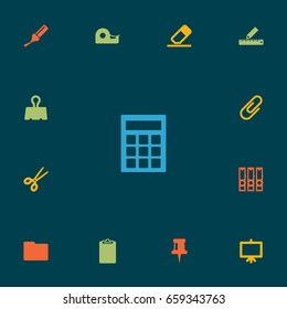 Set Of 13 Instruments Icons Set.Collection Of Binder, Calculate, Information And Other Elements.