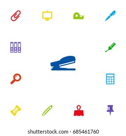 Set Of 13 Instruments Icons Set.Collection Of Paper  Clamp, Zoom Glasses, Highlighter And Other Elements.