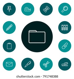 Set Of 13 Instruments Outline Icons Set.Collection Of Portfolio, File Folder, Pushpin And Other Elements.